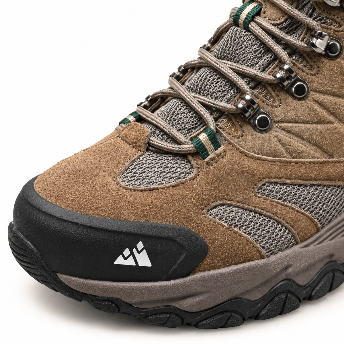 Détail du pare-pierres et des matières de la chaussure randonnée militaire kaki