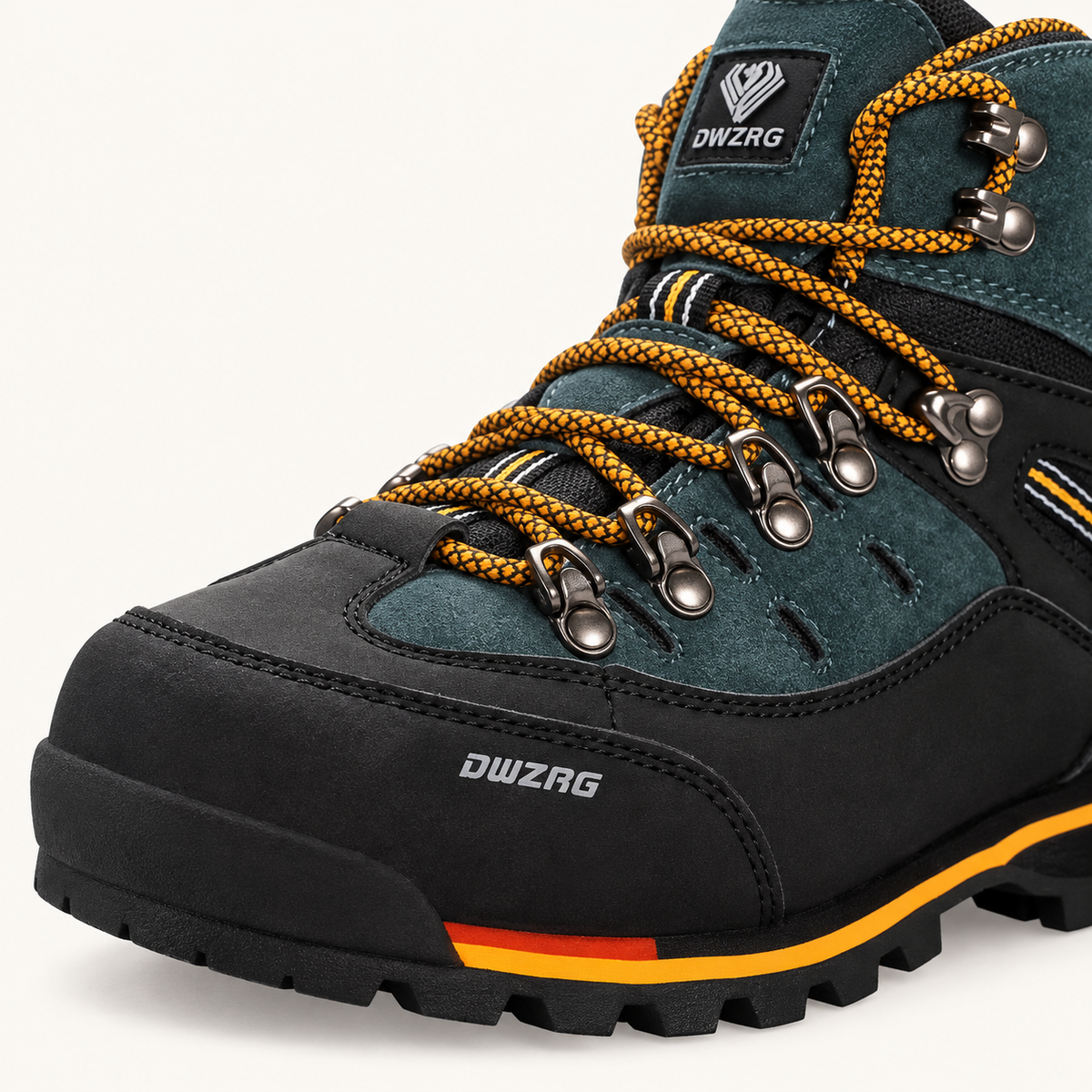 Chaussure randonnée pied large homme Verte – détail de l'avant-pied, du pare-pierre et du laçage