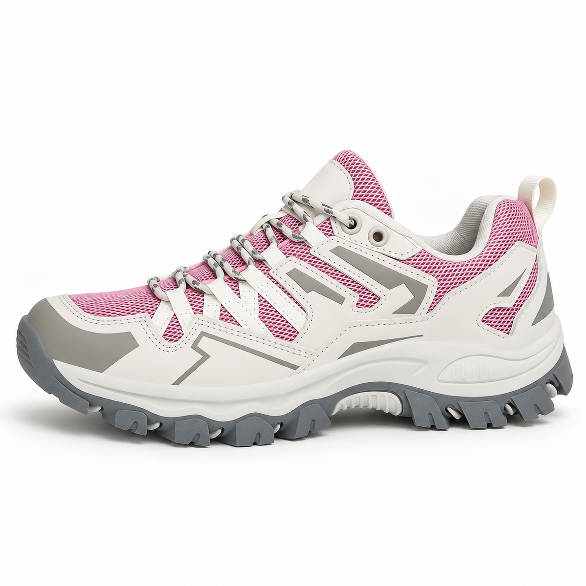 Chaussure de randonnée pieds sensibles rose et grise vue de profil extérieur