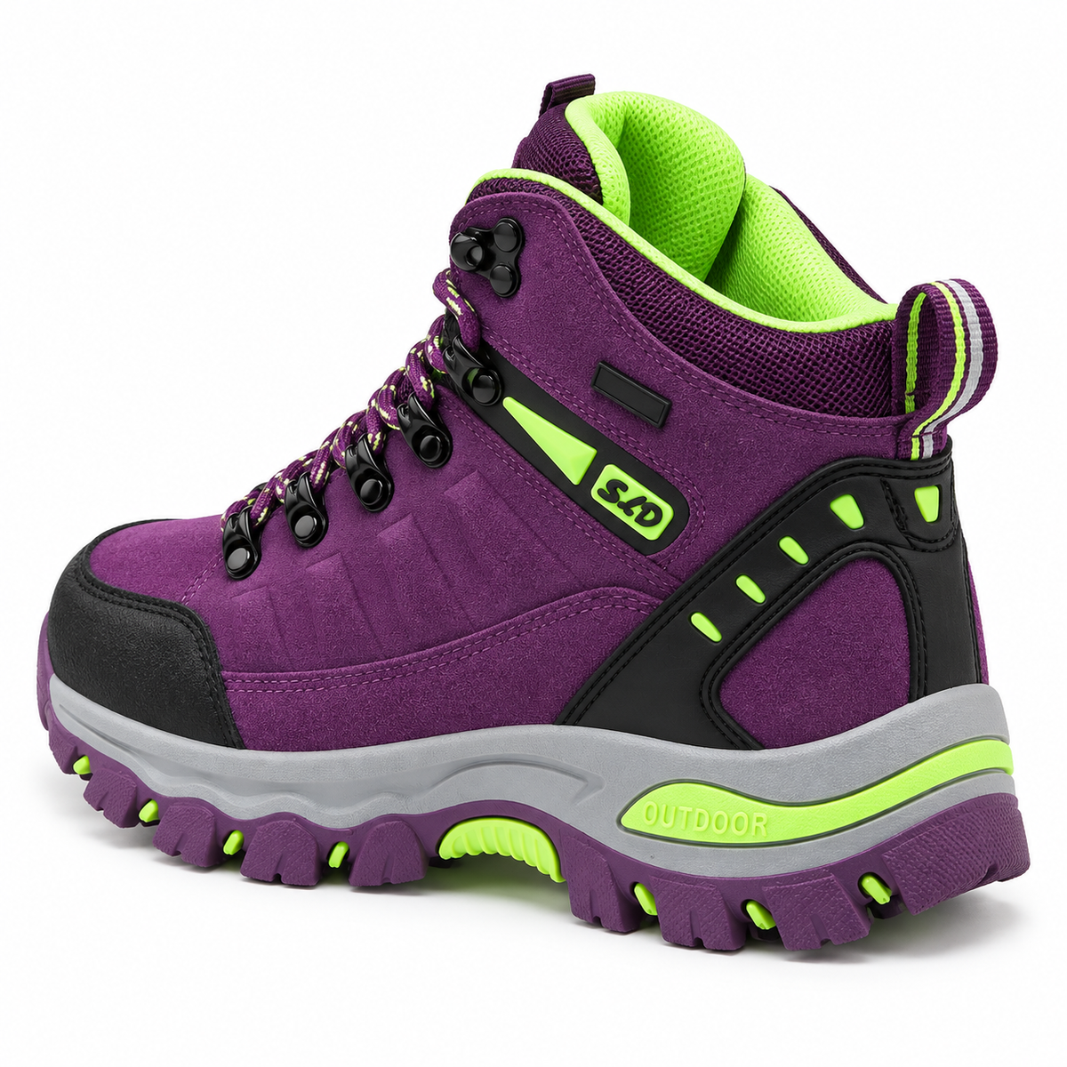 Chaussure randonnée violette – vue arrière du talon, du col et de la tirette