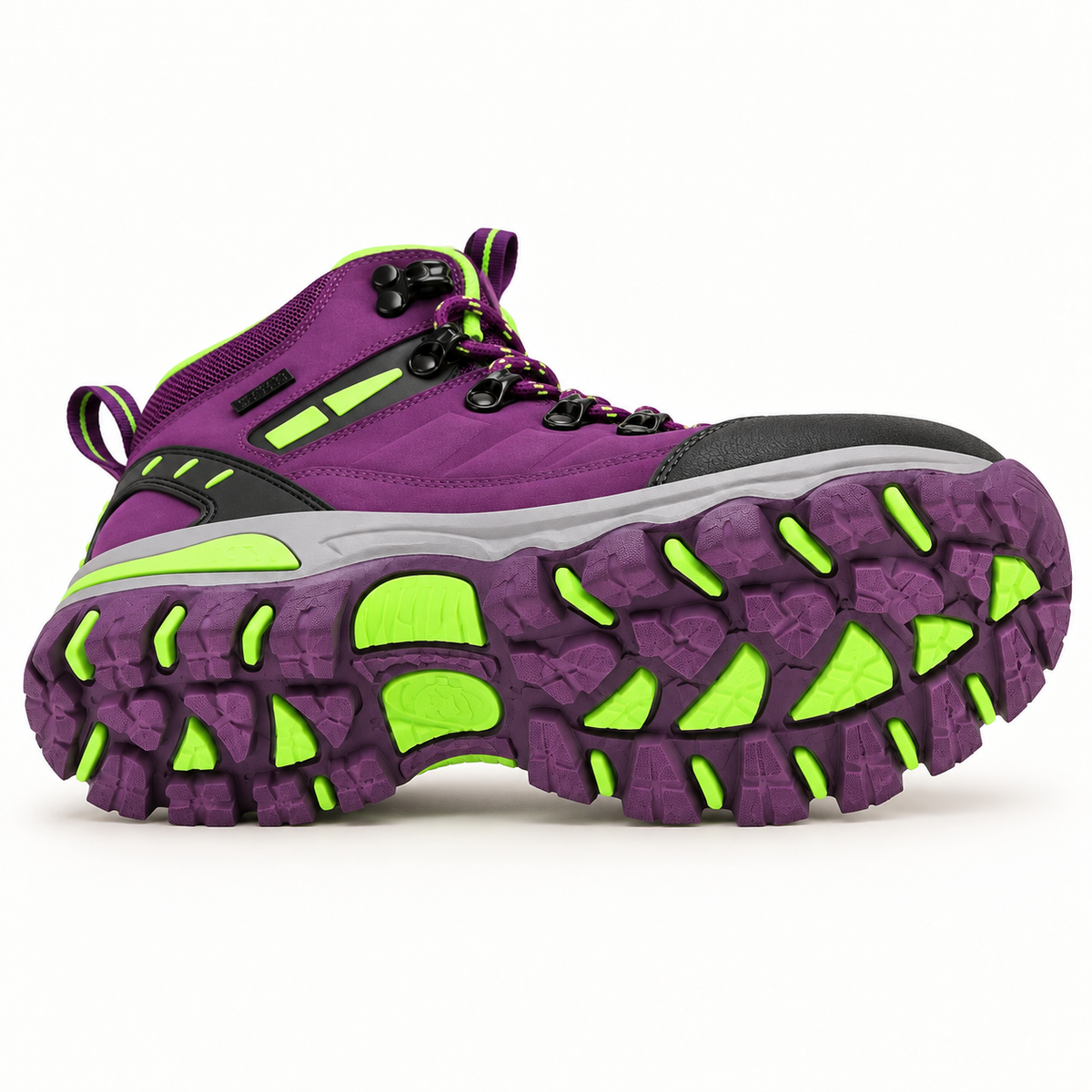 Chaussures randonnée femme montante vert fluo et violet – semelle crantée attachée