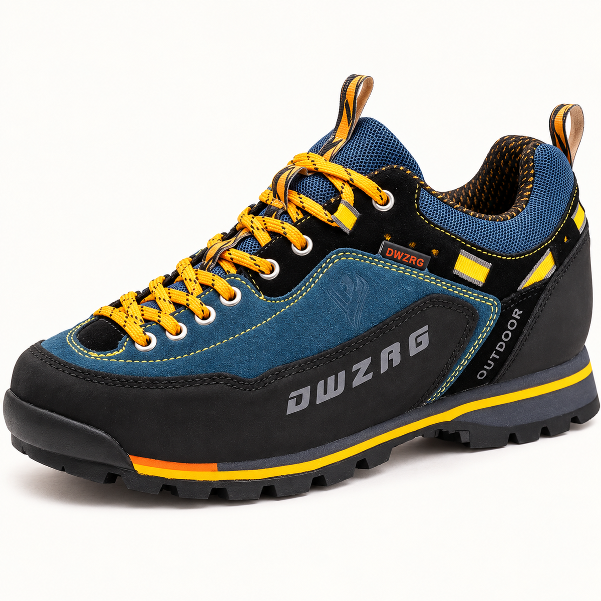 Chaussure randonnée jaune montrant matières coutures et laçage