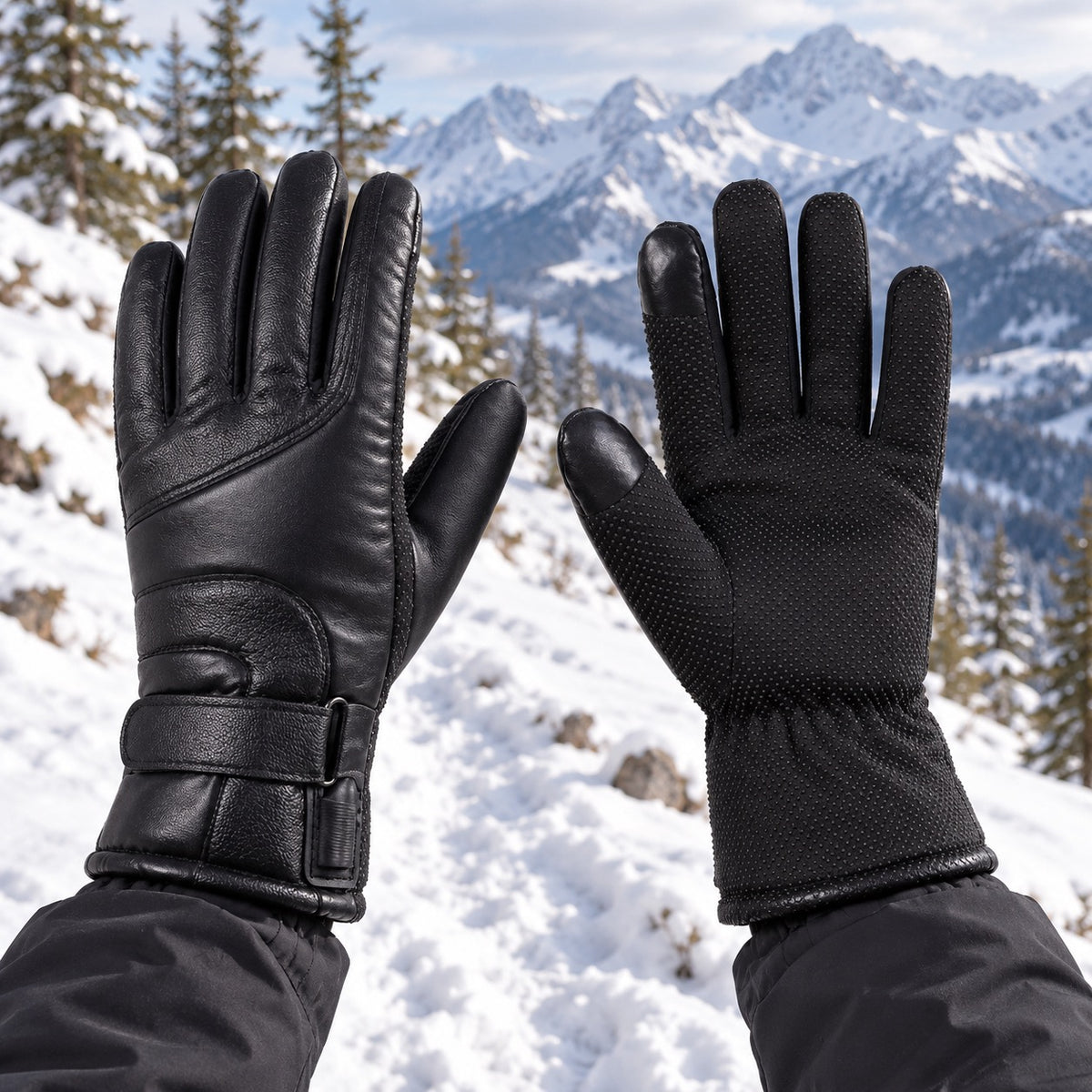 Gant chauffant tactile — portés sur sentier enneigé, dos et paume visibles