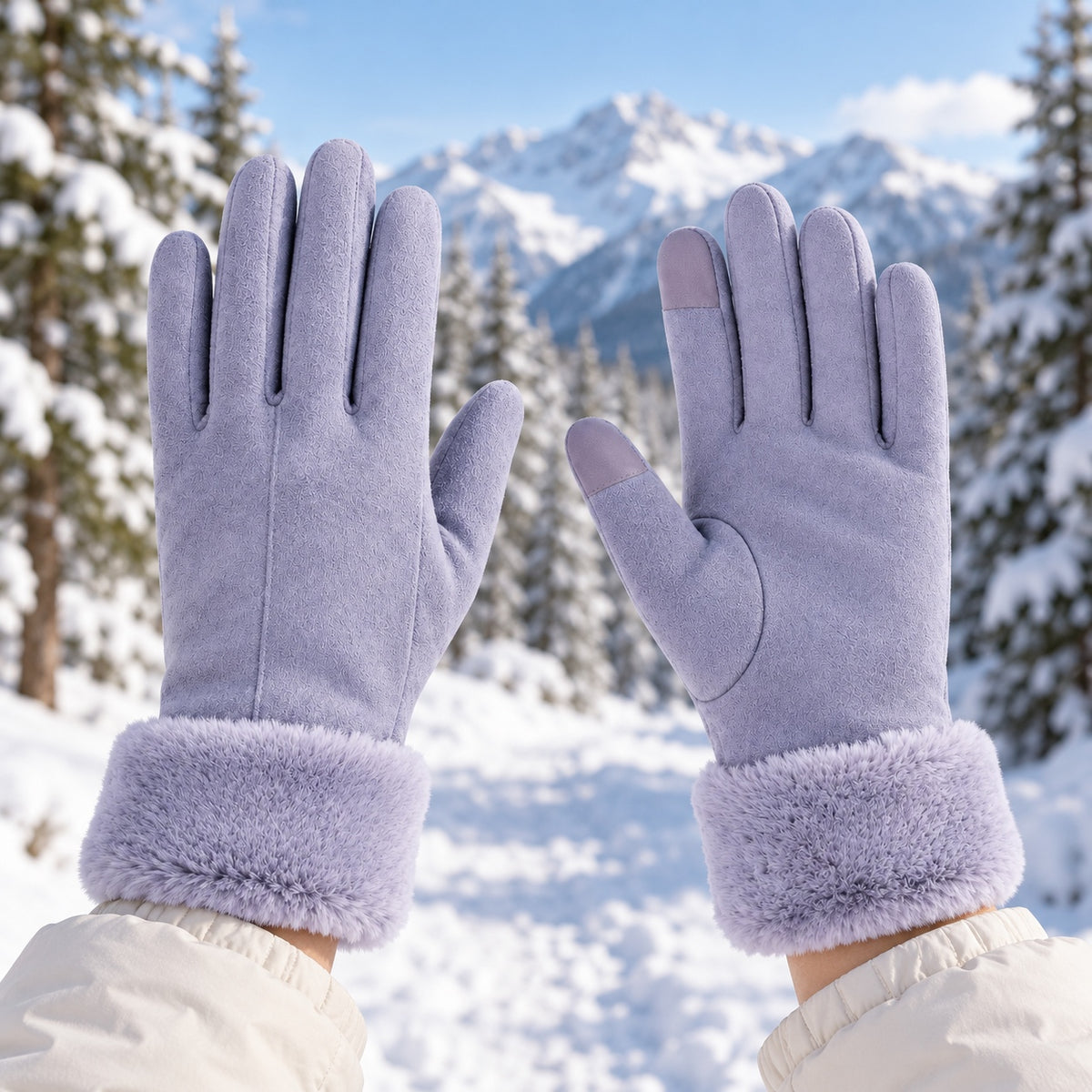 Gants chauffants femme randonnée — paire portée sur un sentier enneigé