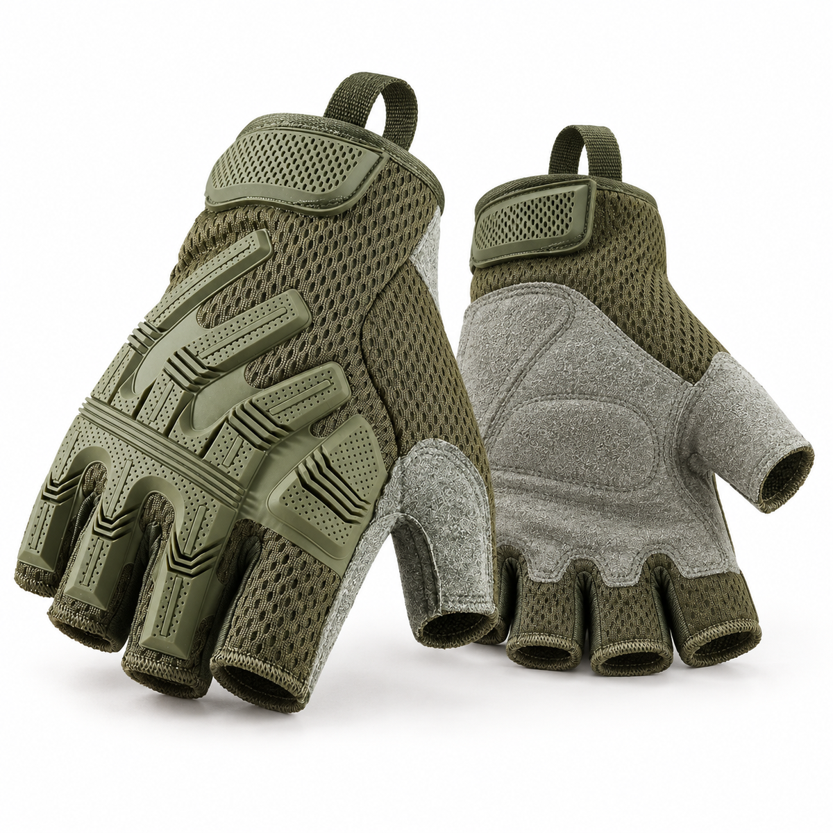 Gants fins vert armée à doigts ouverts – vue trois-quarts