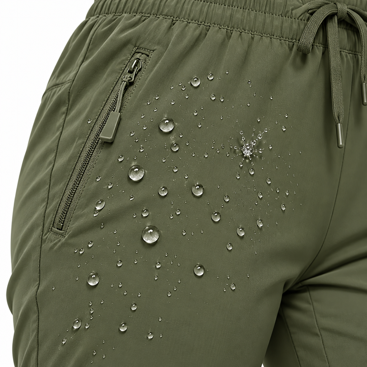 Tissu déperlant du pantalon randonnée femme vert militaire avec gouttes d'eau perlantes