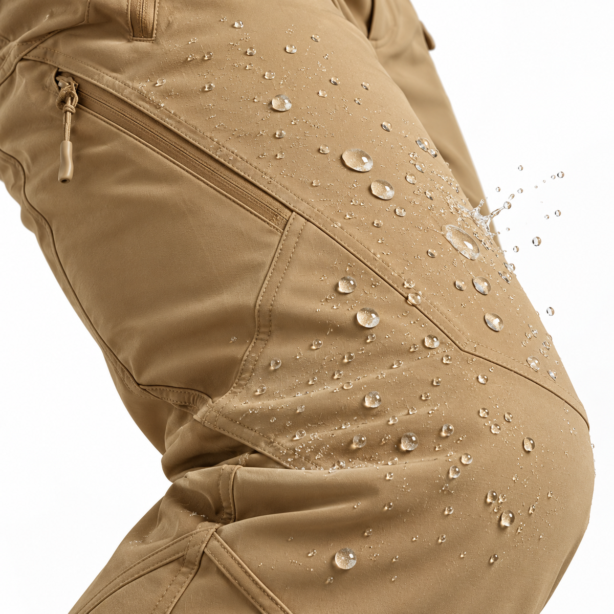 Tissu déperlant du pantalon randonnée homme beige avec gouttes d’eau perlantes