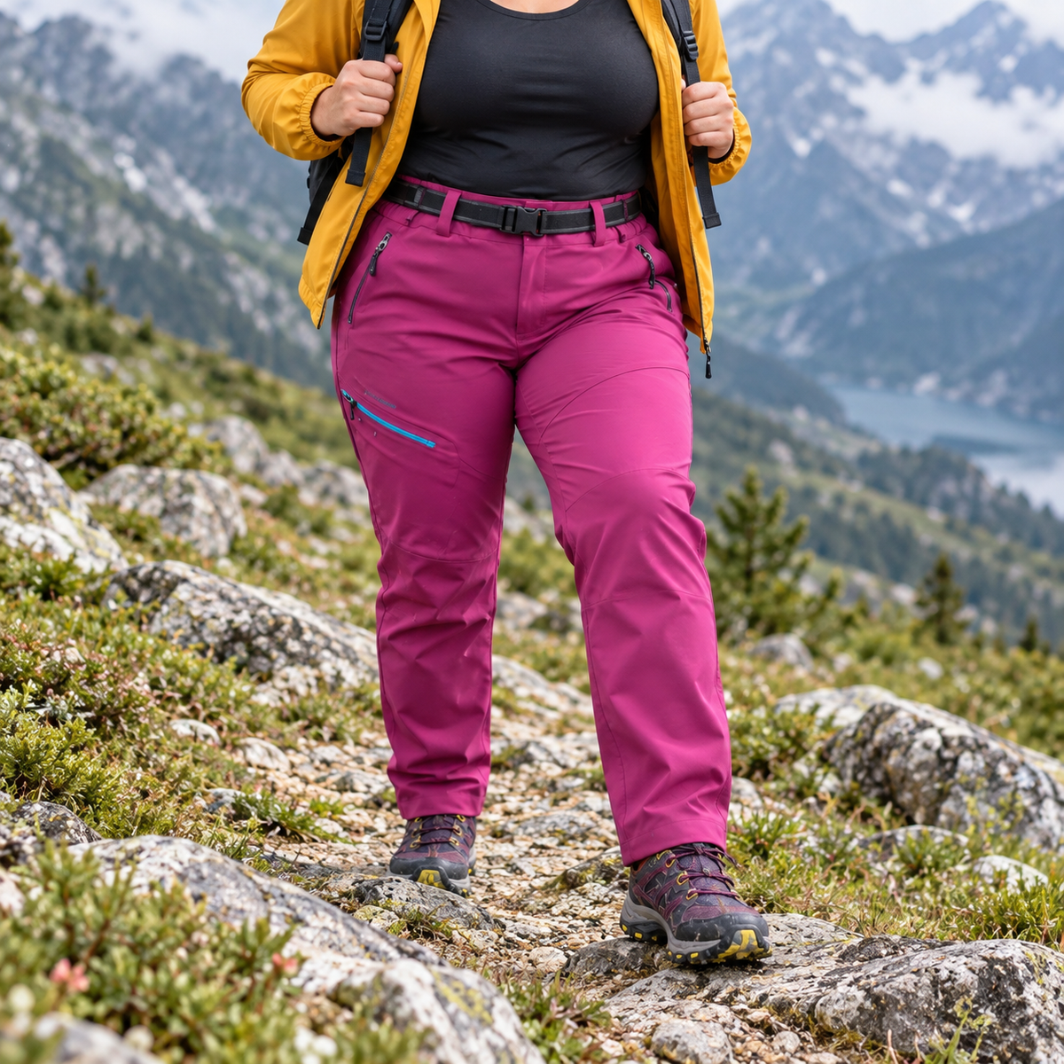 Pantalon randonnée femme grande taille violet fuchsia en mouvement sur sentier