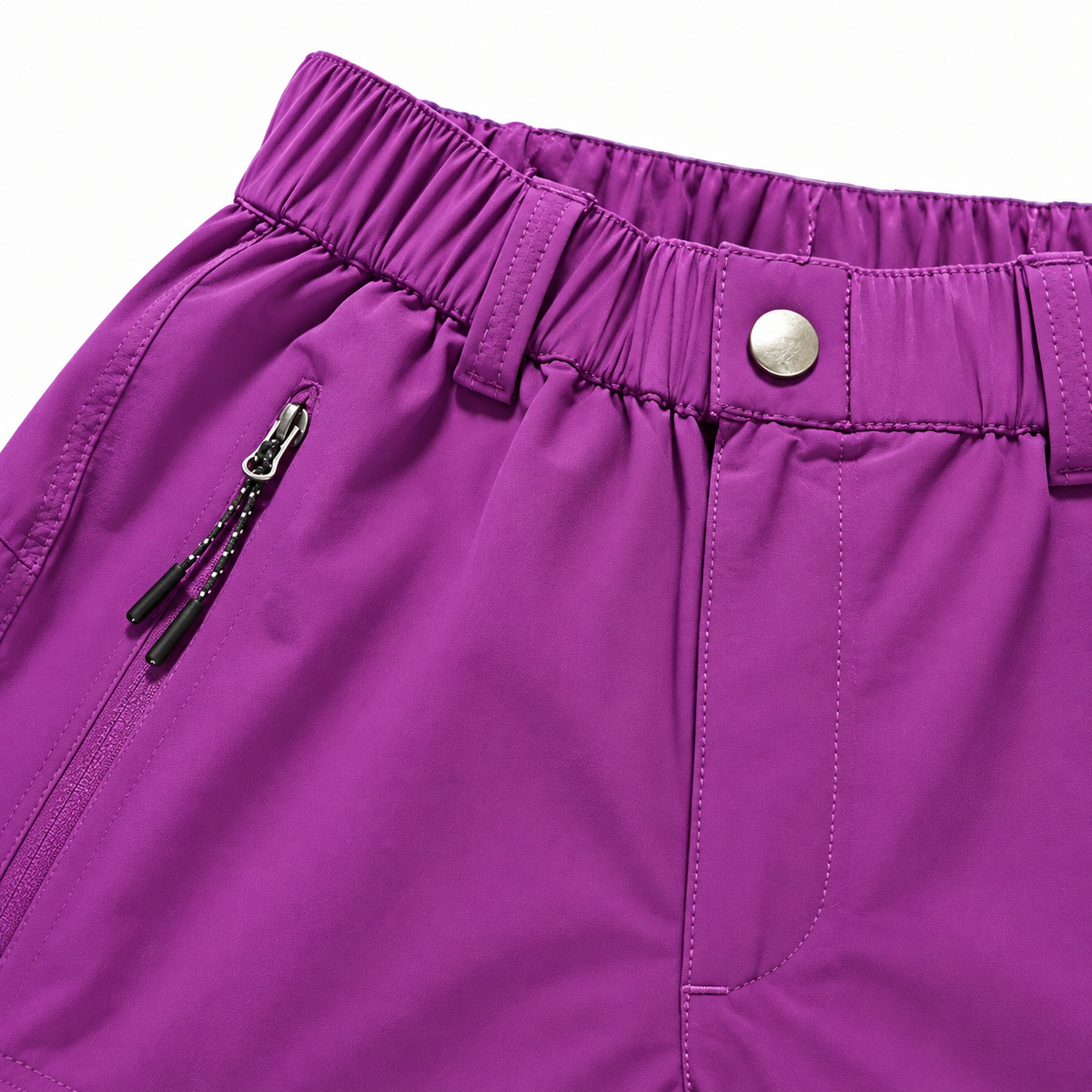 Taille élastiquée et bouton du pantalon randonnée femme petite taille violet