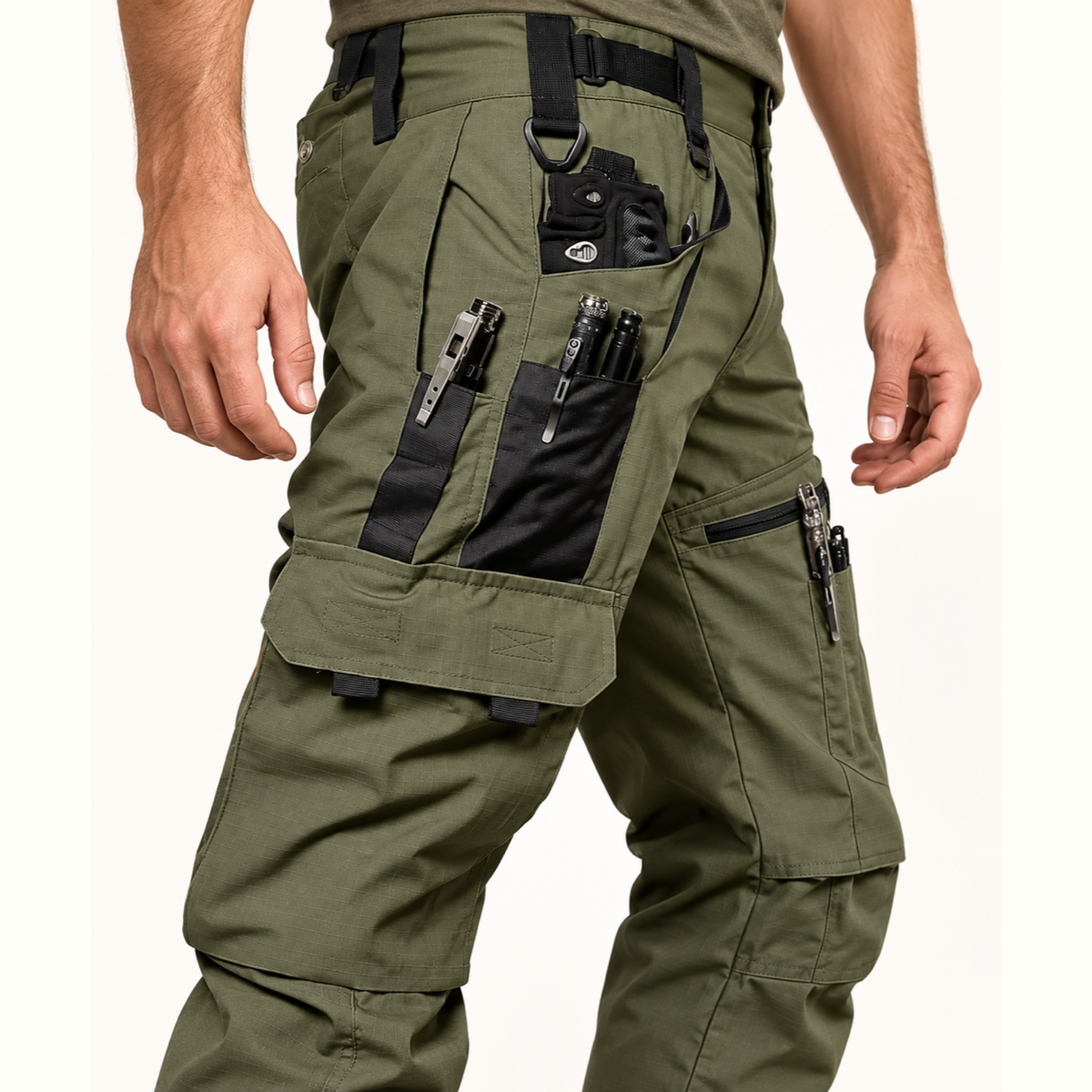 Organisation des poches du pantalon randonnée multi poches kaki