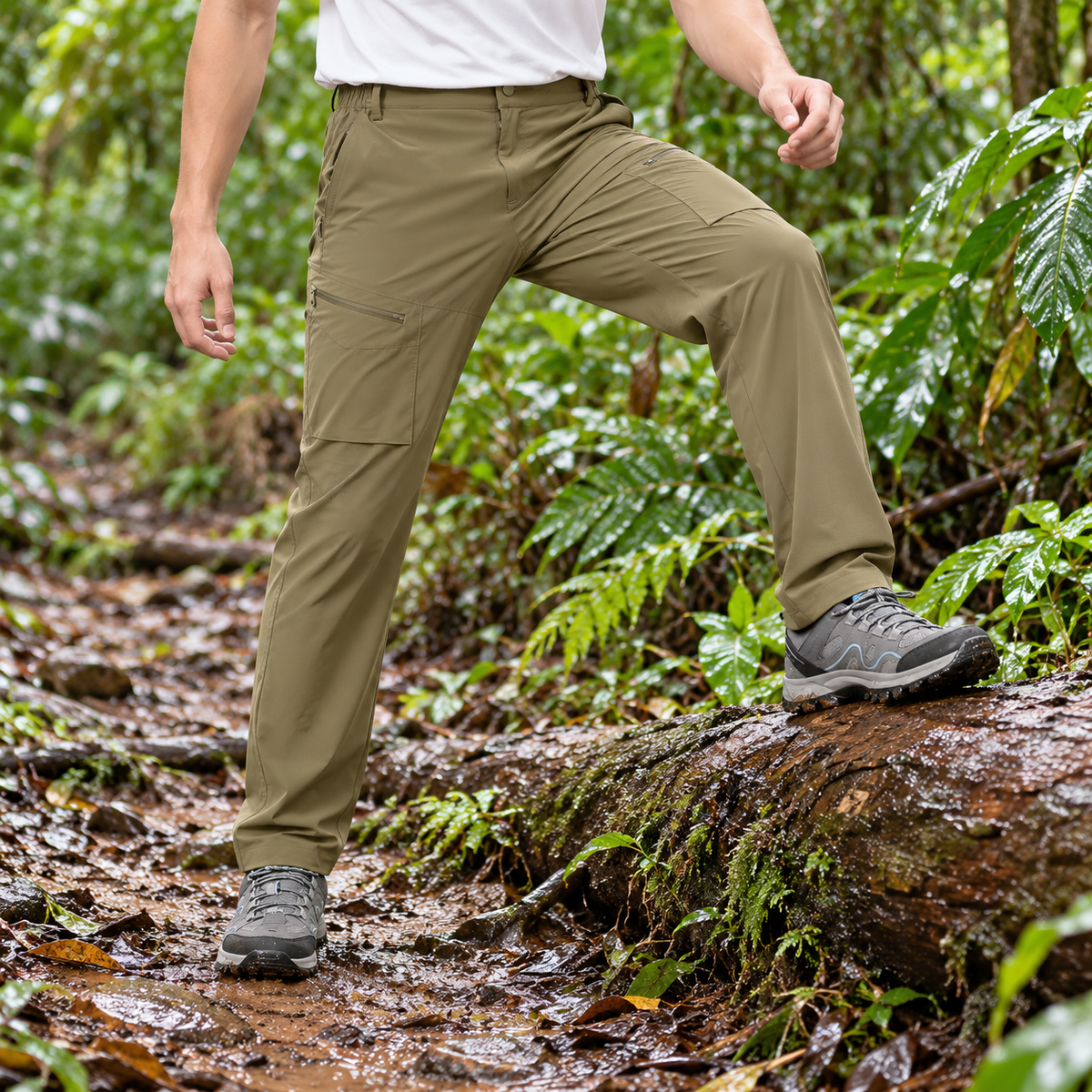 Pantalon randonnée tropicale olive en mouvement sur sentier