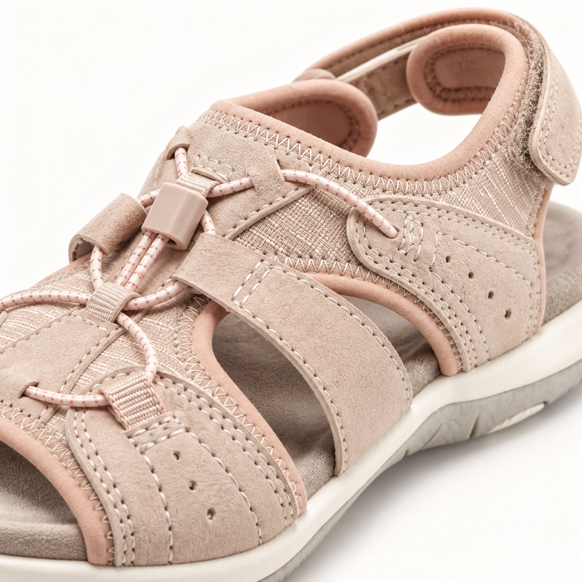 Sandale confort pieds sensibles Rose – détail du cordon, du bloqueur et des brides douces
