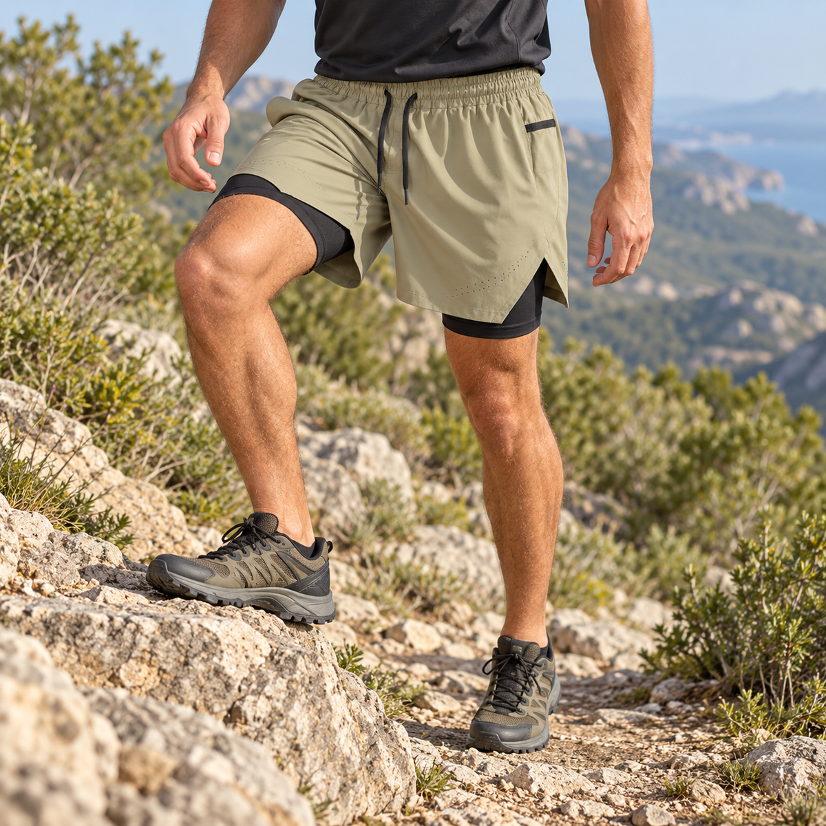 Tissu déperlant du short de randonnée homme imperméable noir