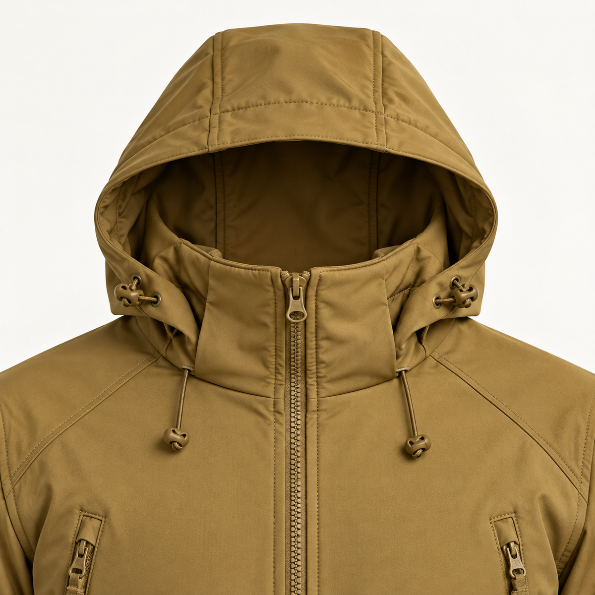 Veste de randonnée raquettes homme marron – détail de la capuche et du col