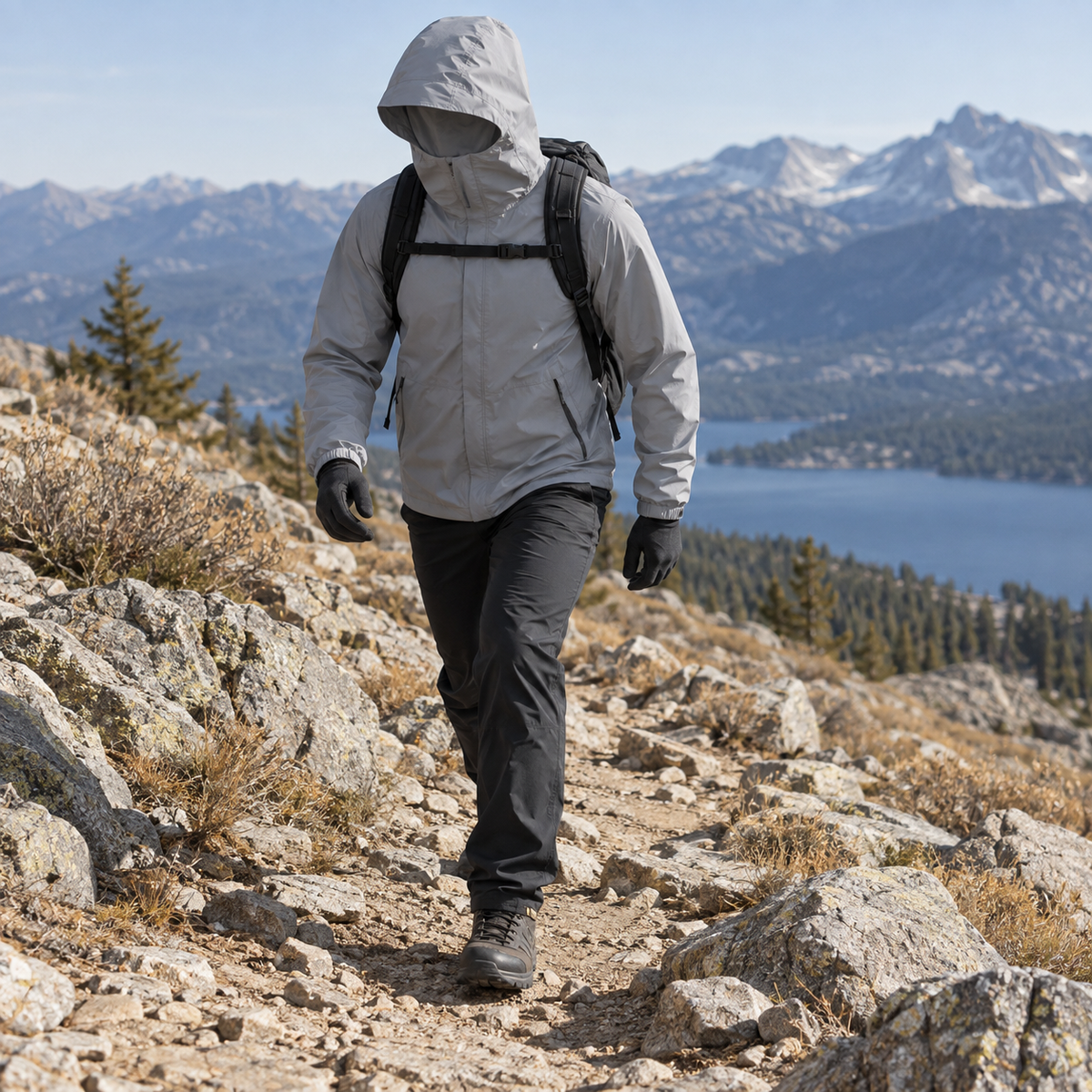 Veste légère randonnée homme grise portée en mouvement