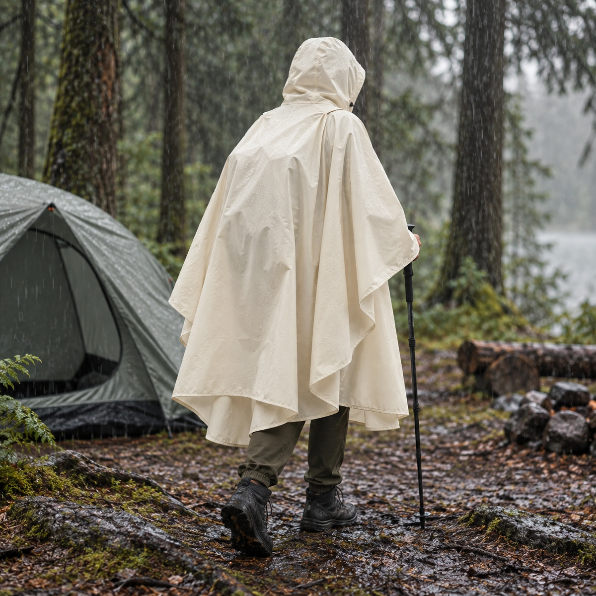 Poncho long imperméable de randonnée beige porté sur un sac à dos