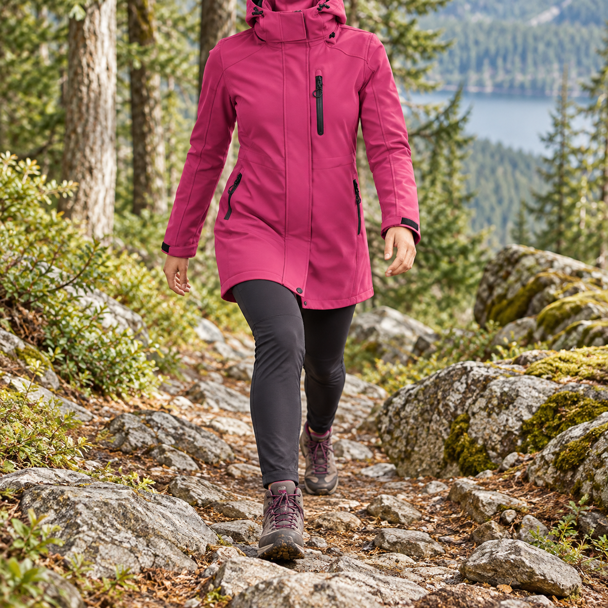 Veste longue randonnée femme rose portée en montée