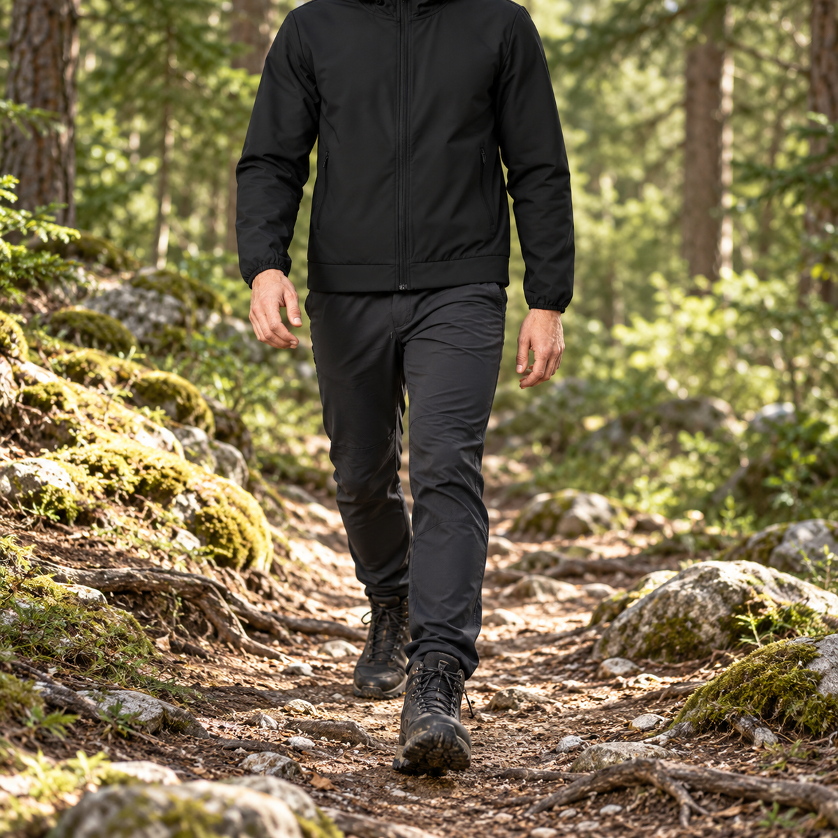 Veste de randonnée mi-saison homme noire en marche sur sentier