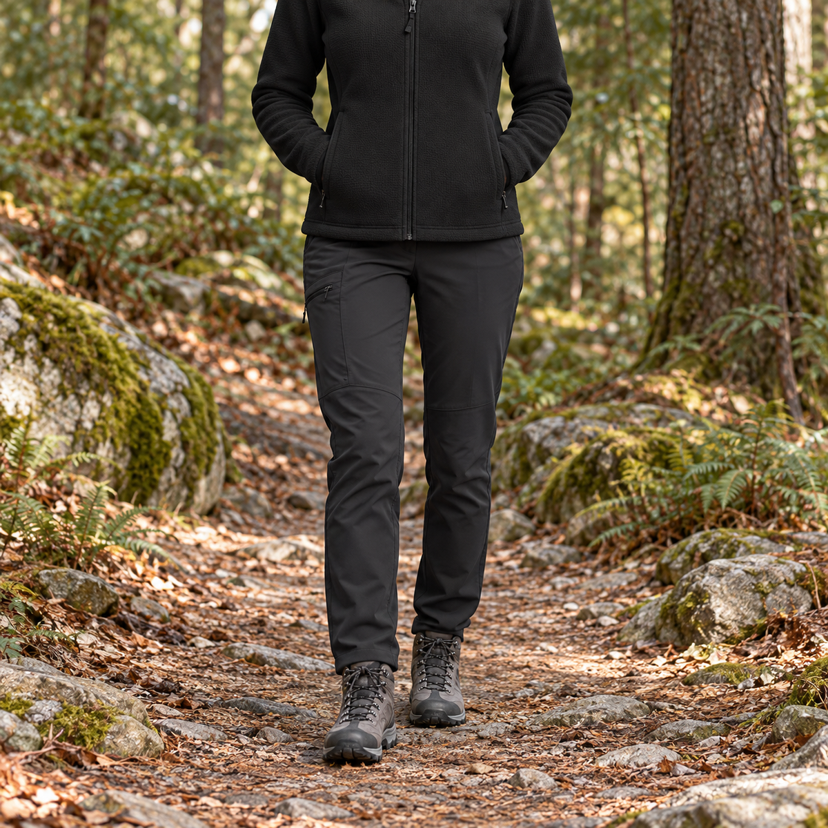 Veste polaire randonnée femme noire portée sur un sentier