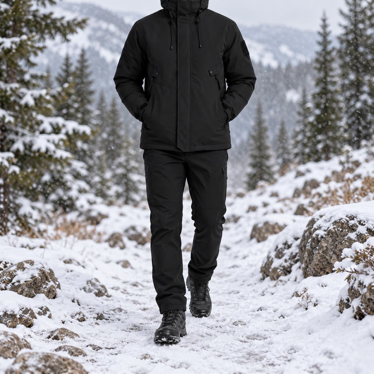 Veste randonnée hiver homme noire portée sur sentier enneigé