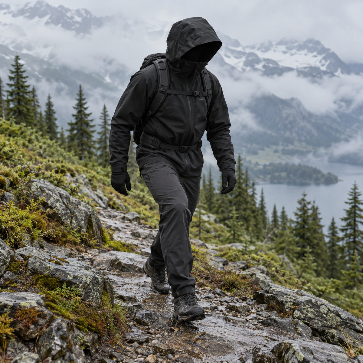 Veste randonnée homme déperlante noire portée en mouvement