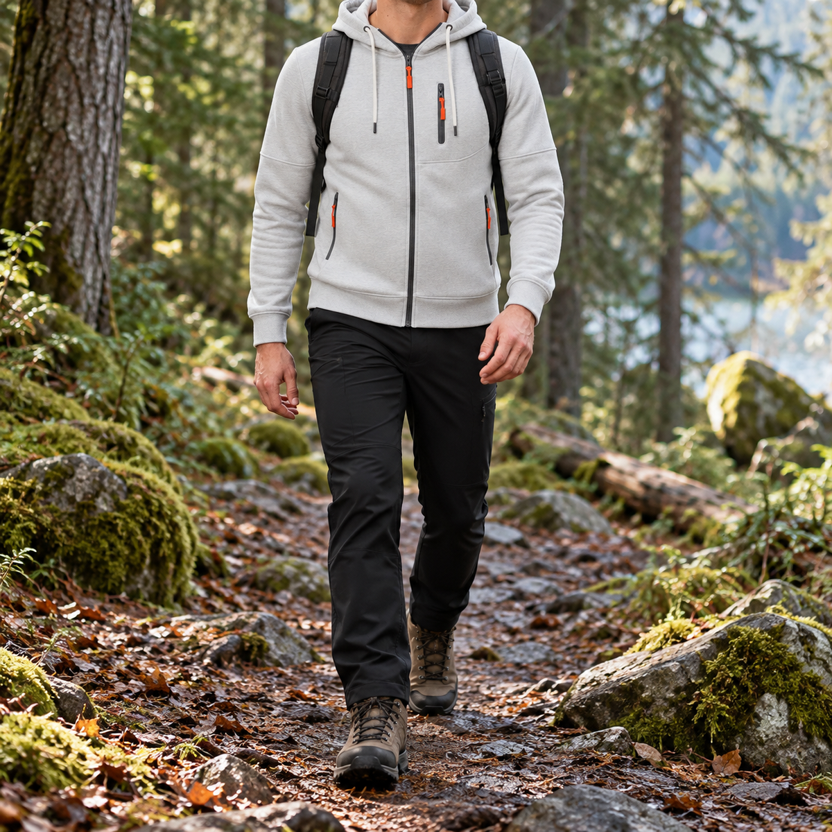 Veste randonnée hoodie blanche en marche sur sentier
