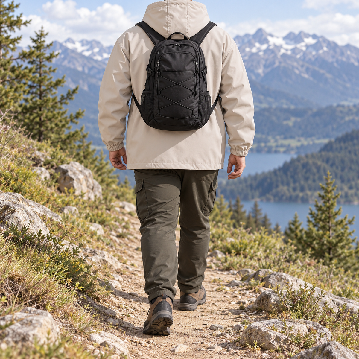 Veste randonnée imperméable grande taille beige portée de dos avec un sac