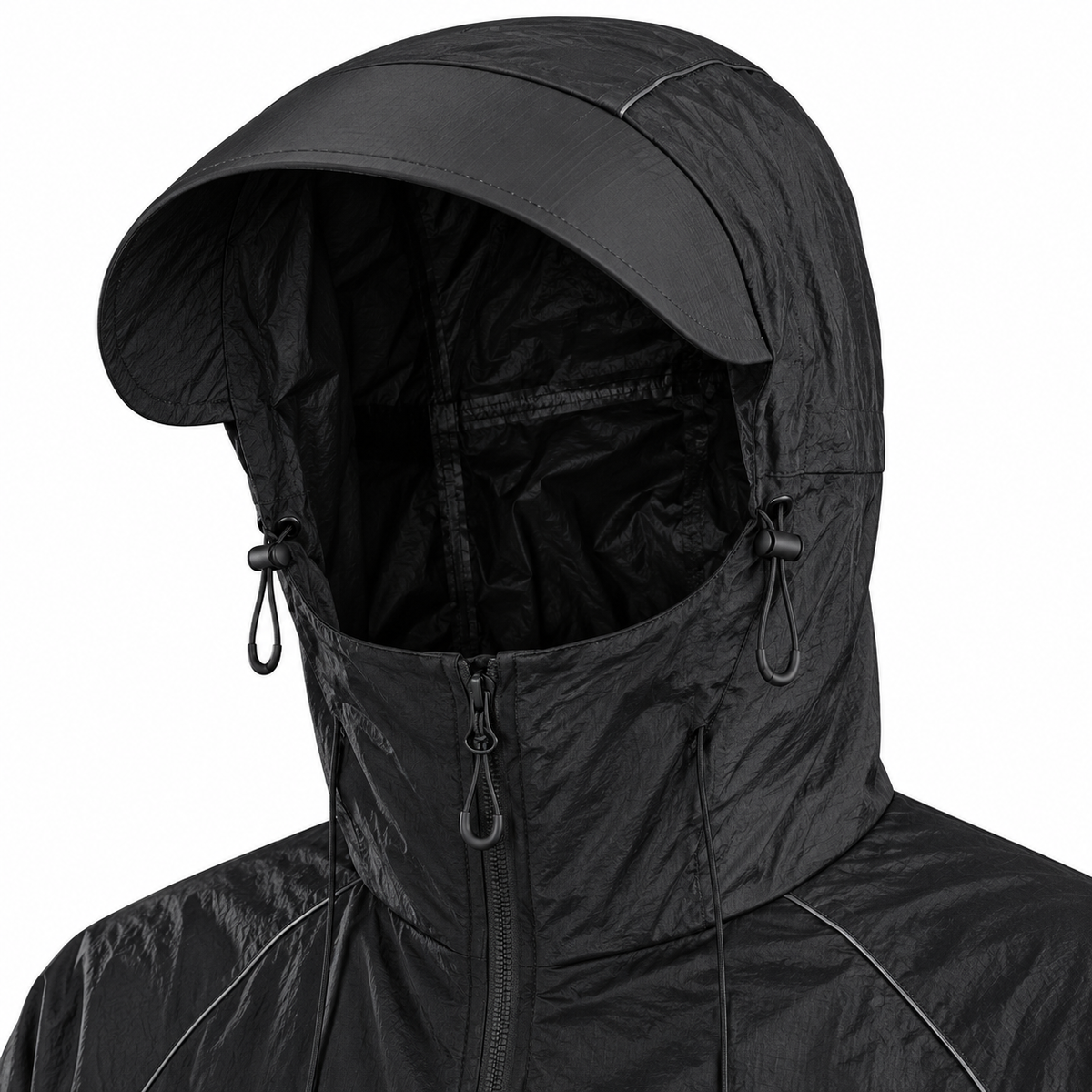 Capuche à longue visière et col haut de veste imperméable respirante noire