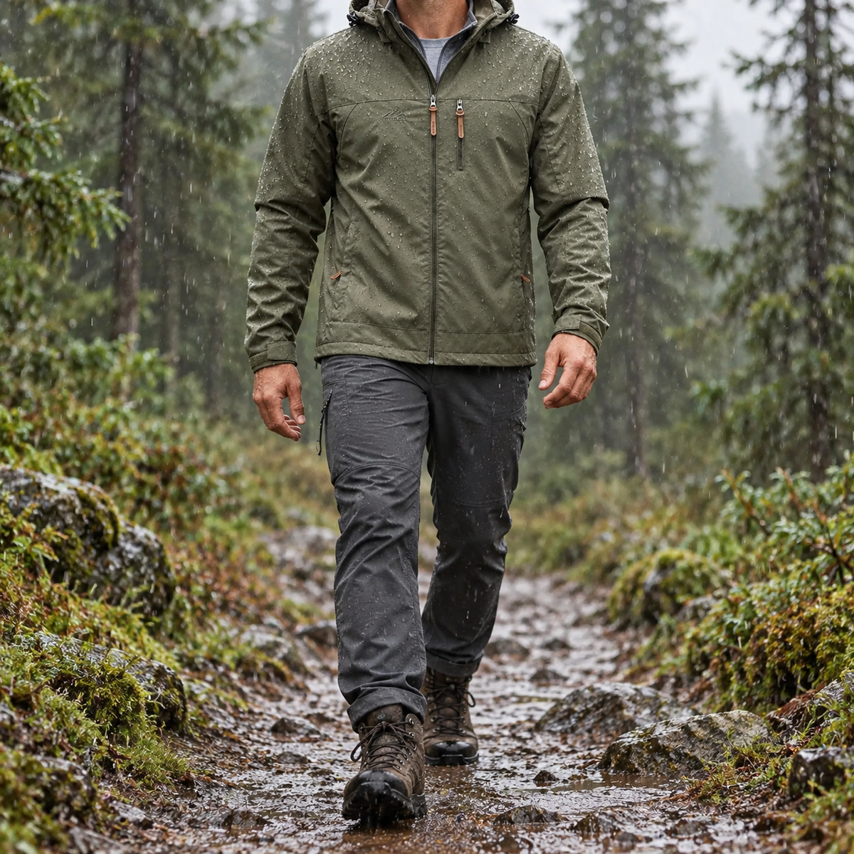 Veste de randonnée kaki portée sous une pluie légère