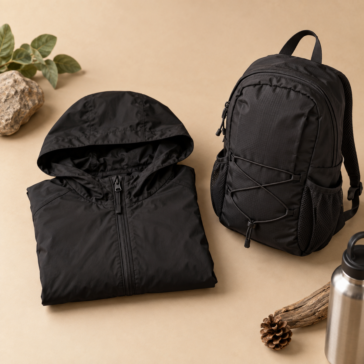 Veste randonnée respirante femme noire pliée près d’un sac