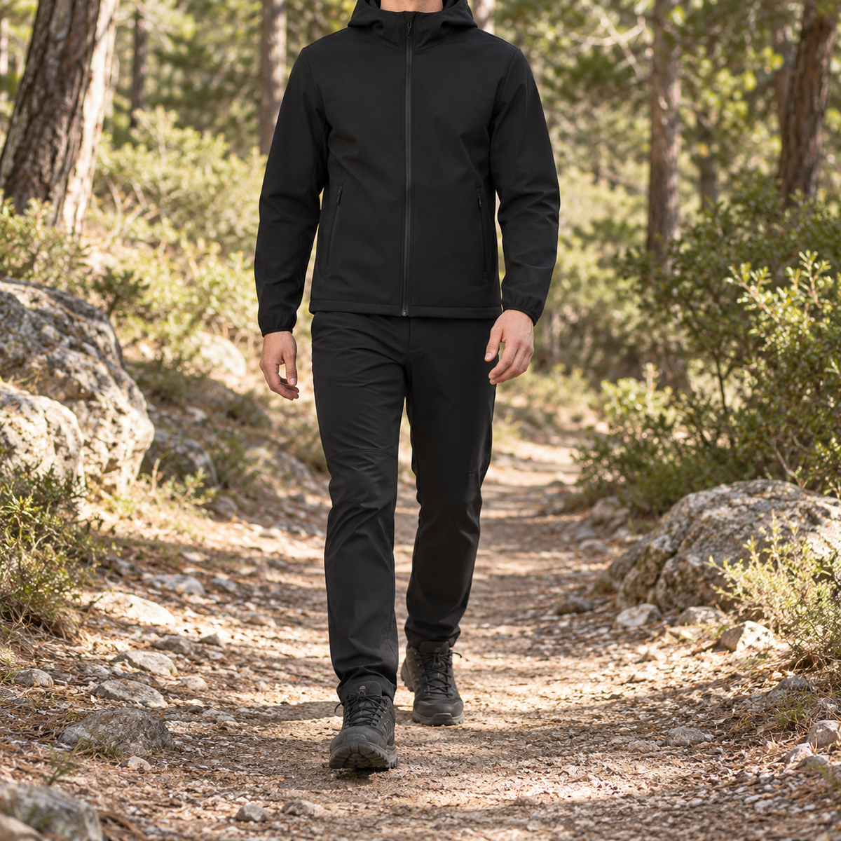 Veste softshell imperméable homme noire portée sur un sentier