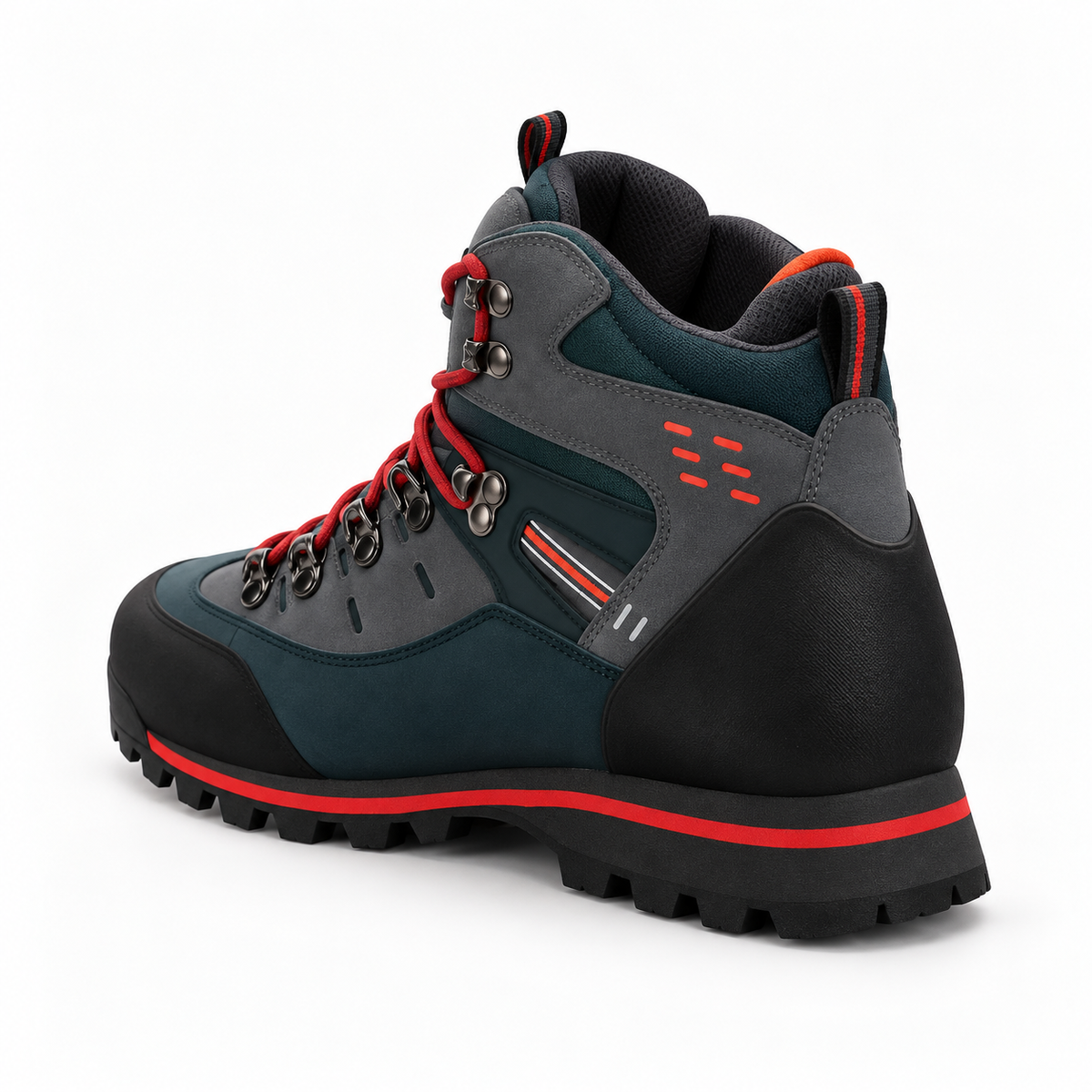 Chaussure randonnée crantée Noire vue arrière trois-quarts sur fond blanc chaud