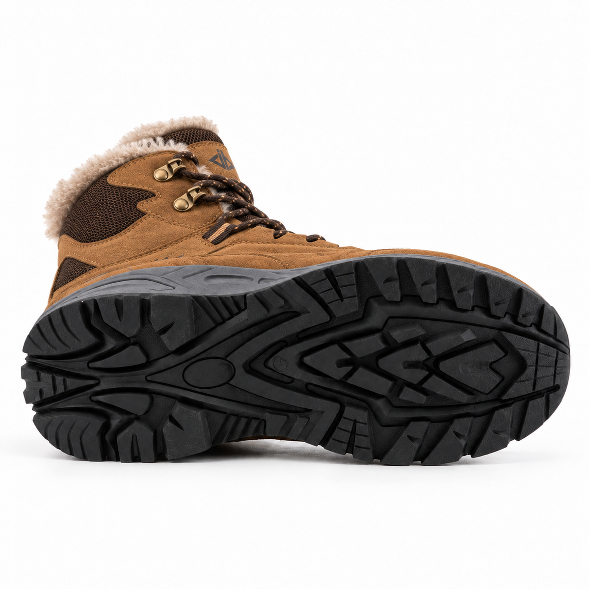 Chaussure randonnée homme marron couchée sur le côté montrant toute la semelle attachée