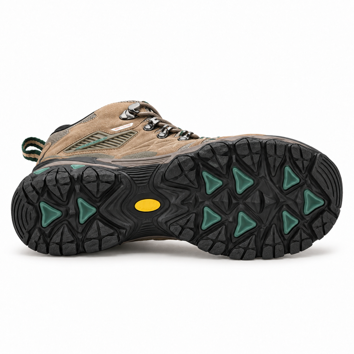 Chaussure randonnée militaire kaki couchée sur le côté montrant sa semelle entière attachée