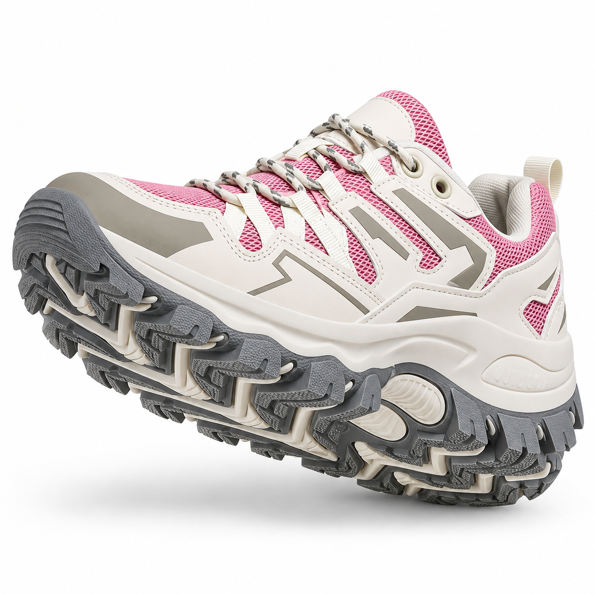 Chaussure de randonnée pieds sensibles rose et grise avec semelle crantée attachée