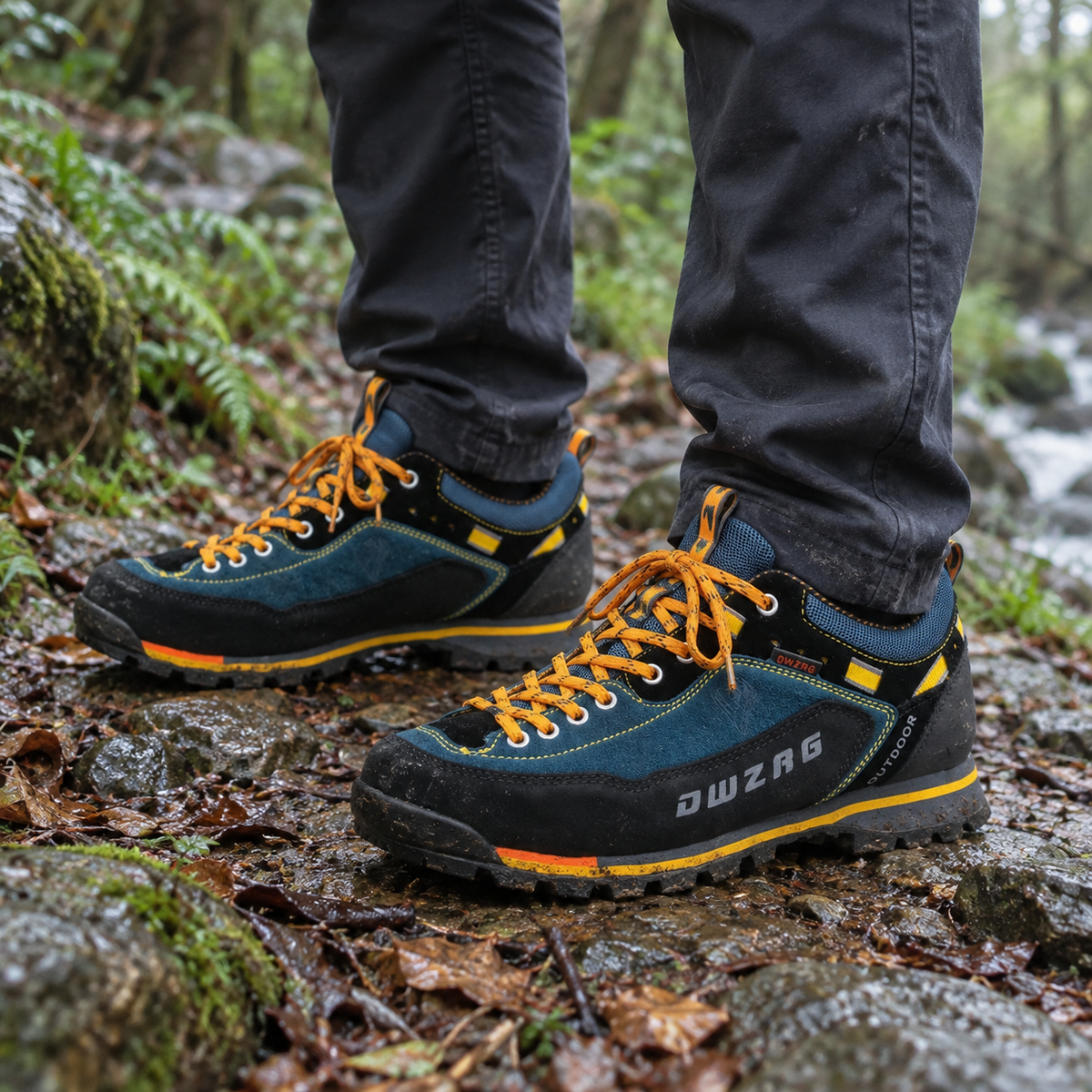 Paire complète de chaussures randonnée jaune portée sur sentier humide avec deux pieds visibles