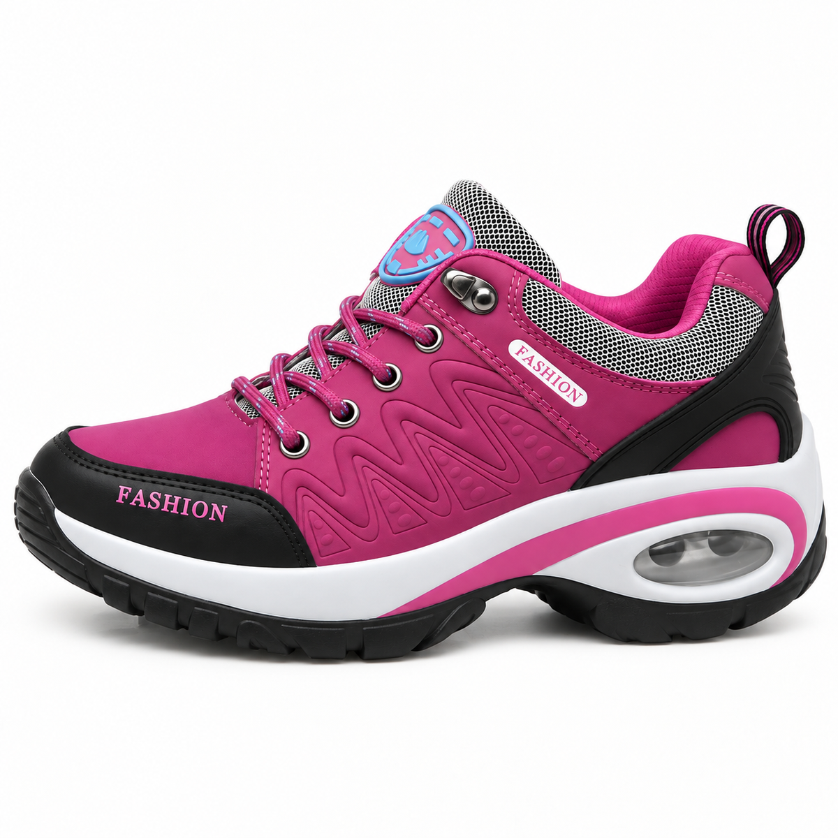 Chaussure randonnée rose complète vue de profil, col et épaisseur de semelle visibles