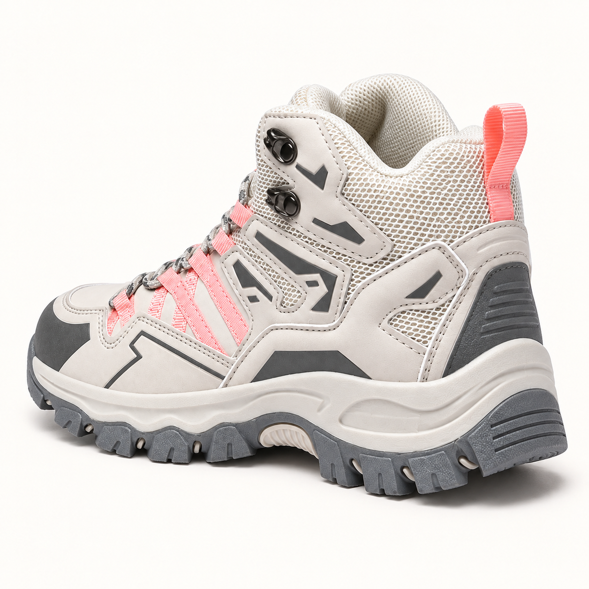Chaussure randonnée semi montante femme rose vue arrière trois-quarts, talon et col visibles