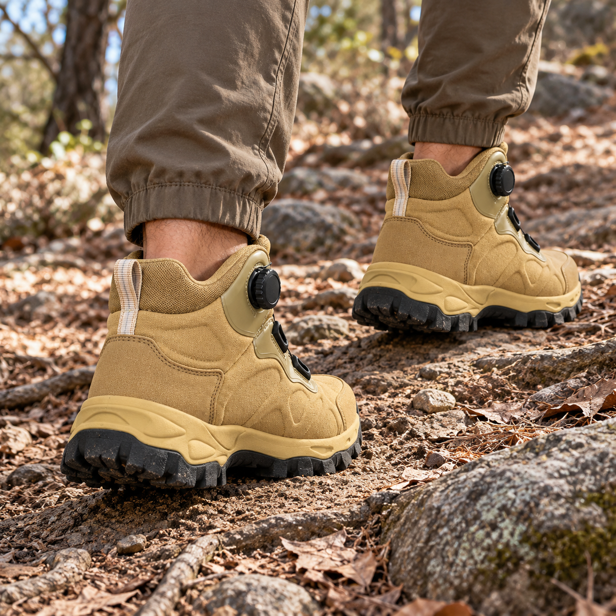 Paire de chaussures style randonnée homme kaki portée sur sentier, vue arrière montrant le maintien du talon