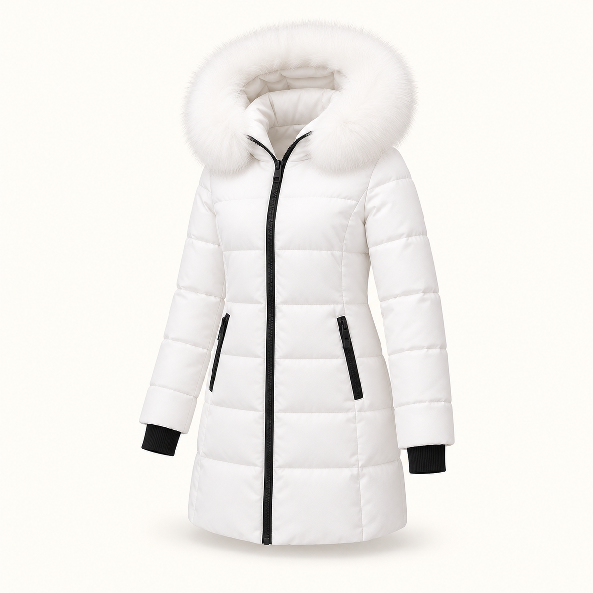 Doudoune 3 4 de randonnée femme blanche – capuche ouverte