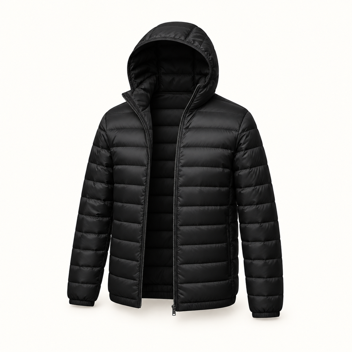 Doudoune haut de gamme homme noire ouverte – vue trois-quarts