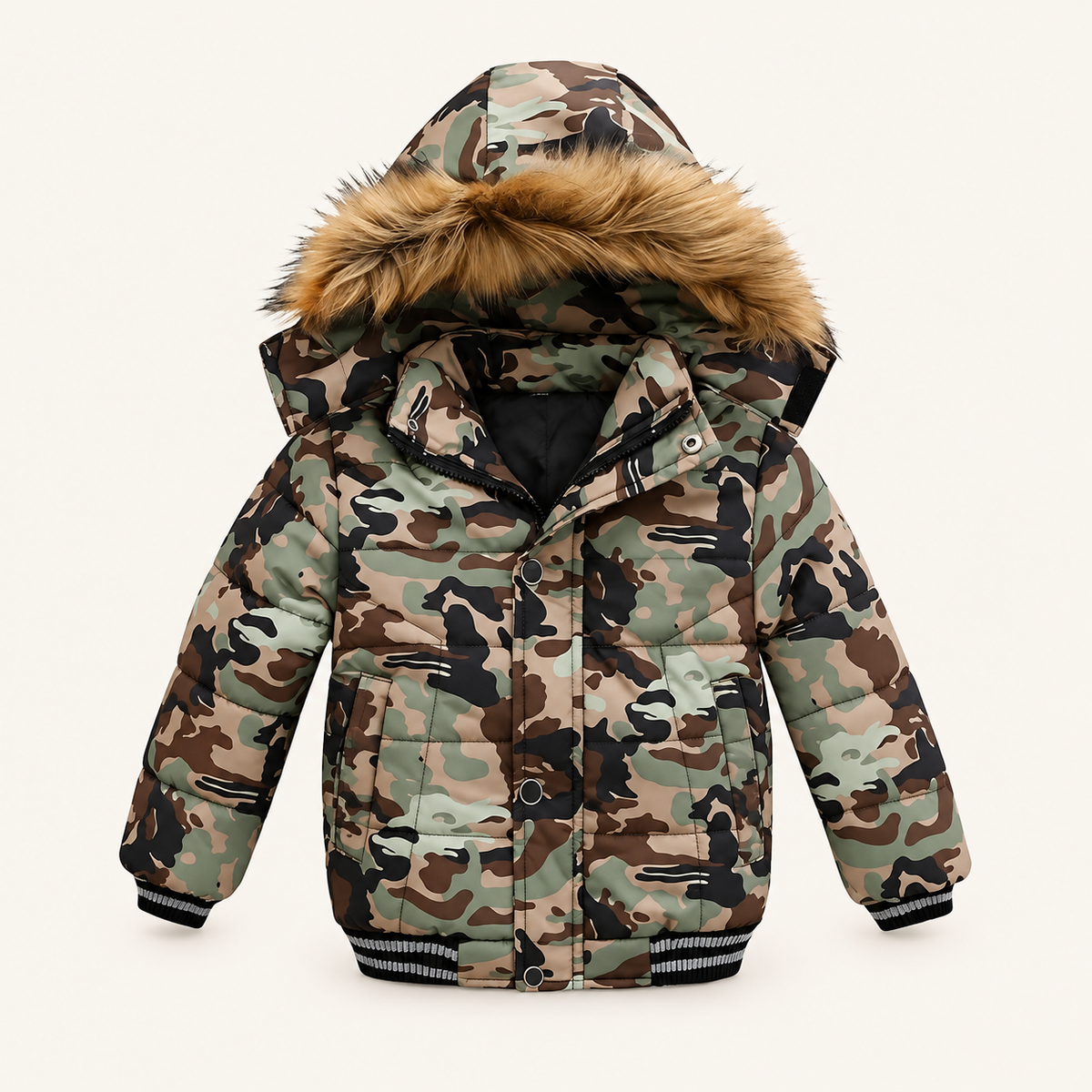 Doudoune randonnée enfant vert armé – capuche et col