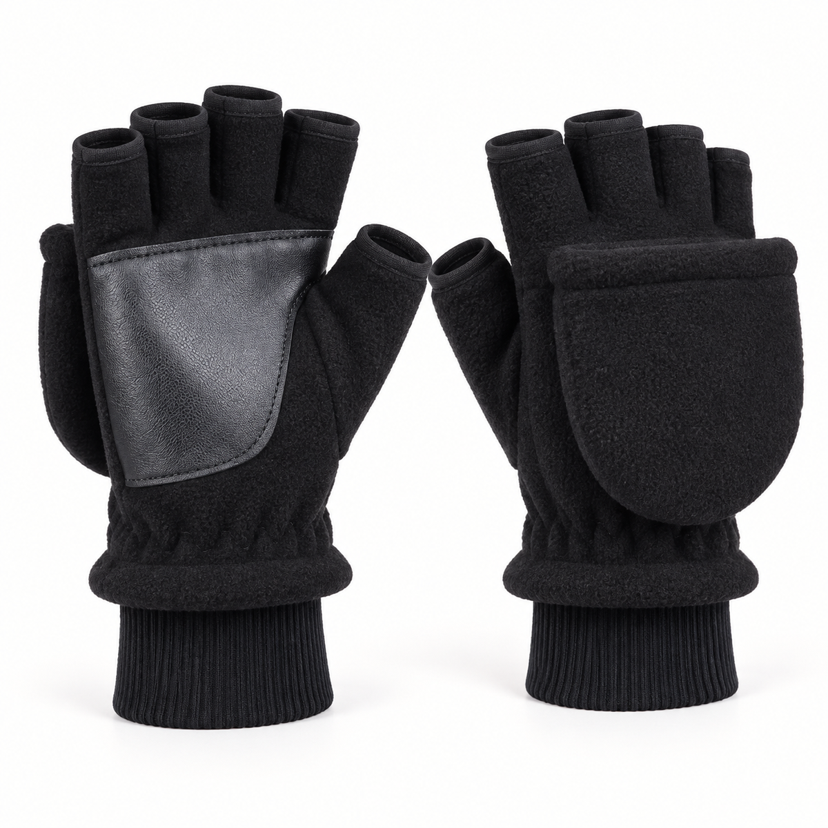 Gants moufles noirs convertibles – vue trois-quarts