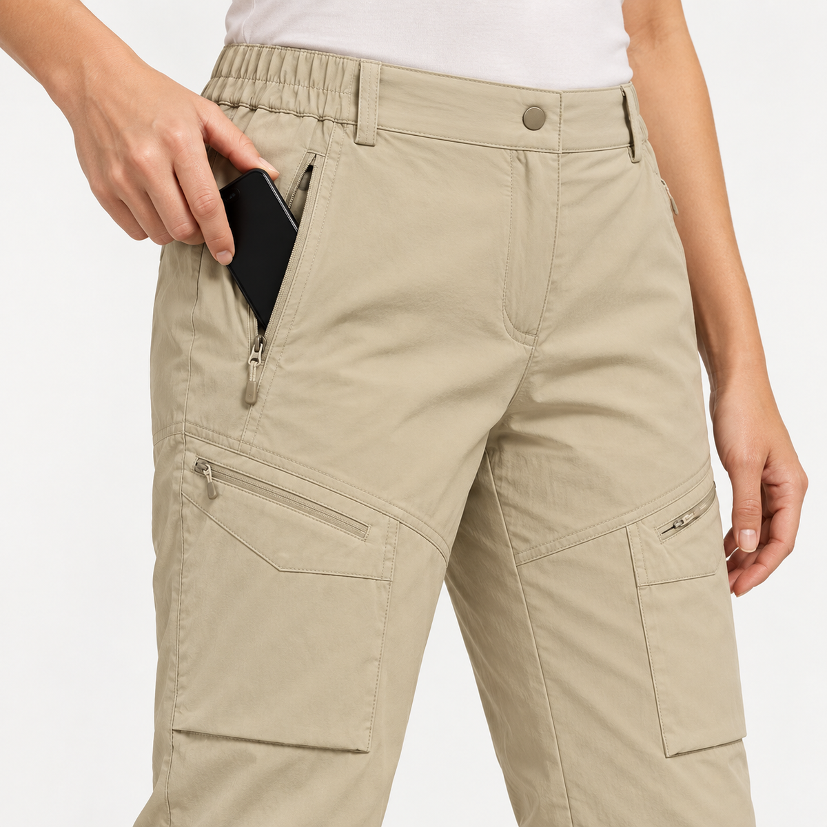 Poche zippée pour téléphone du pantalon cargo randonnée femme beige