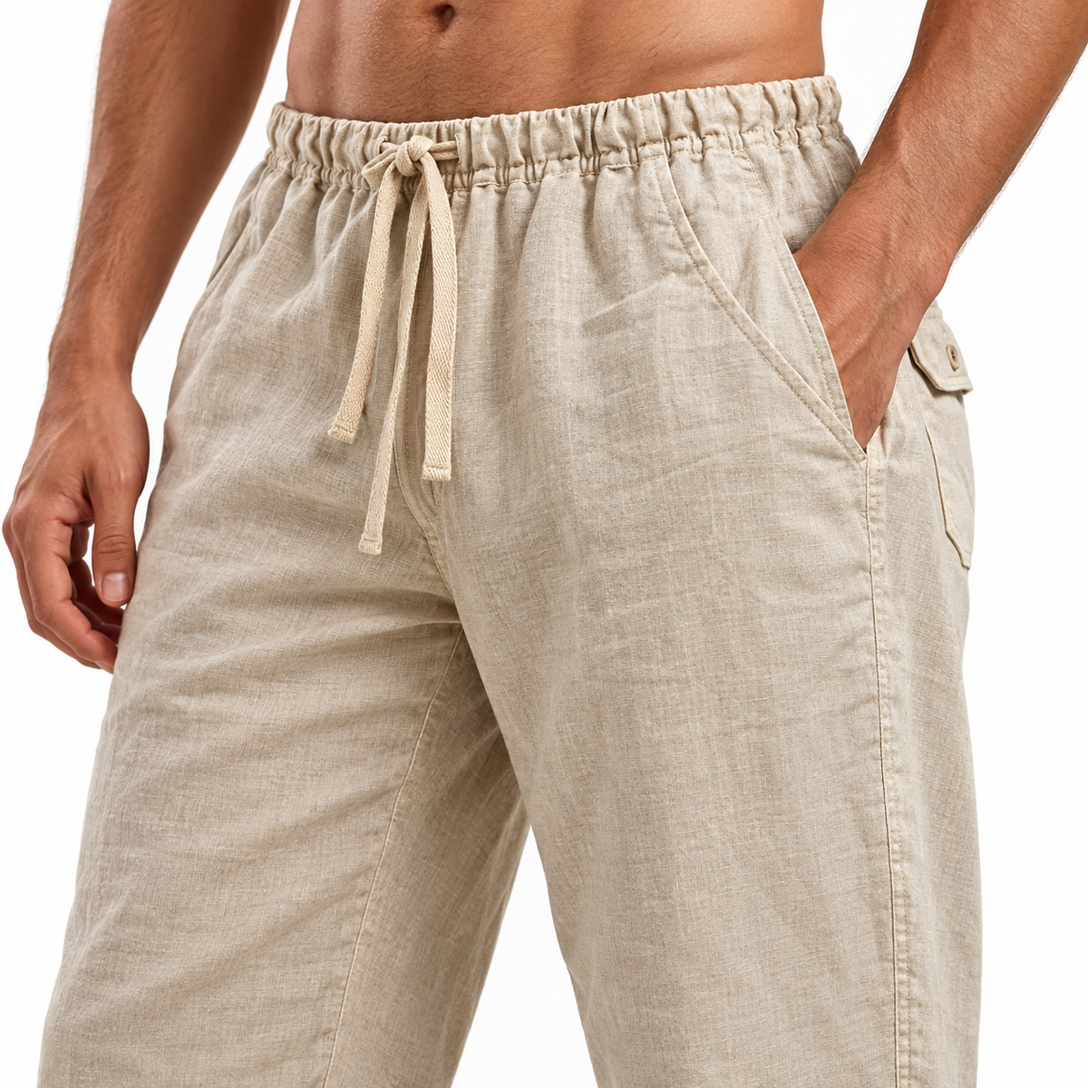 Taille élastiquée du pantalon en lin randonnée beige