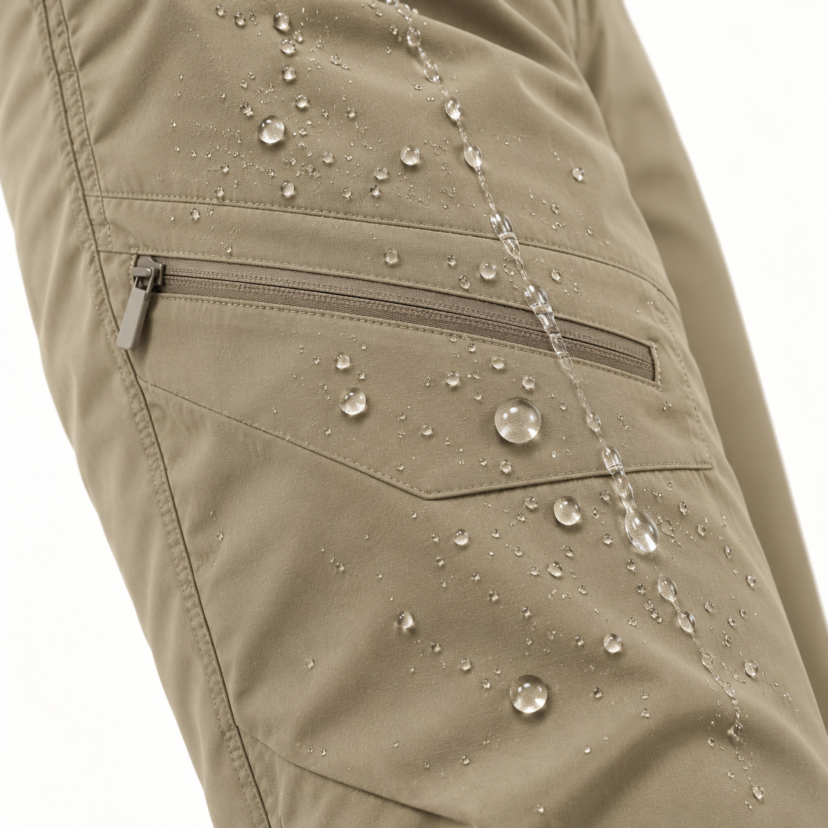 Gouttes d'eau perlantes sur le pantalon léger randonnée femme taupe