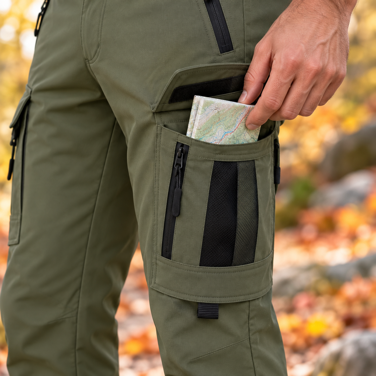 Pantalon randonnée automne homme vert — détail poche cargo avec carte