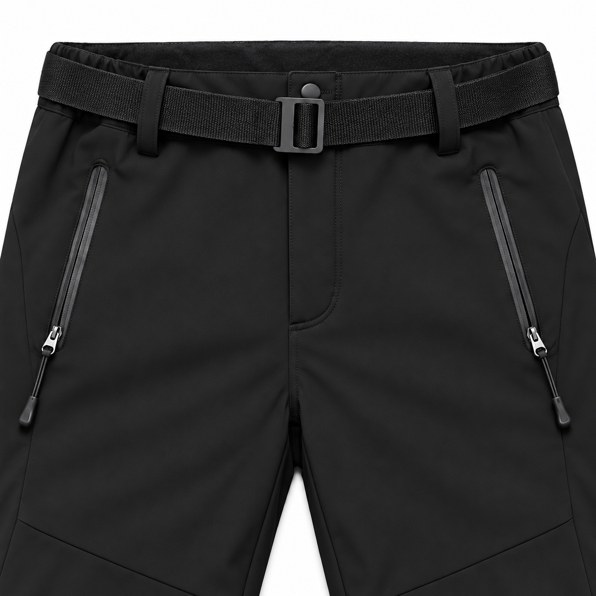 Pantalon randonnée femme large noir — détail ceinture et poches zippées