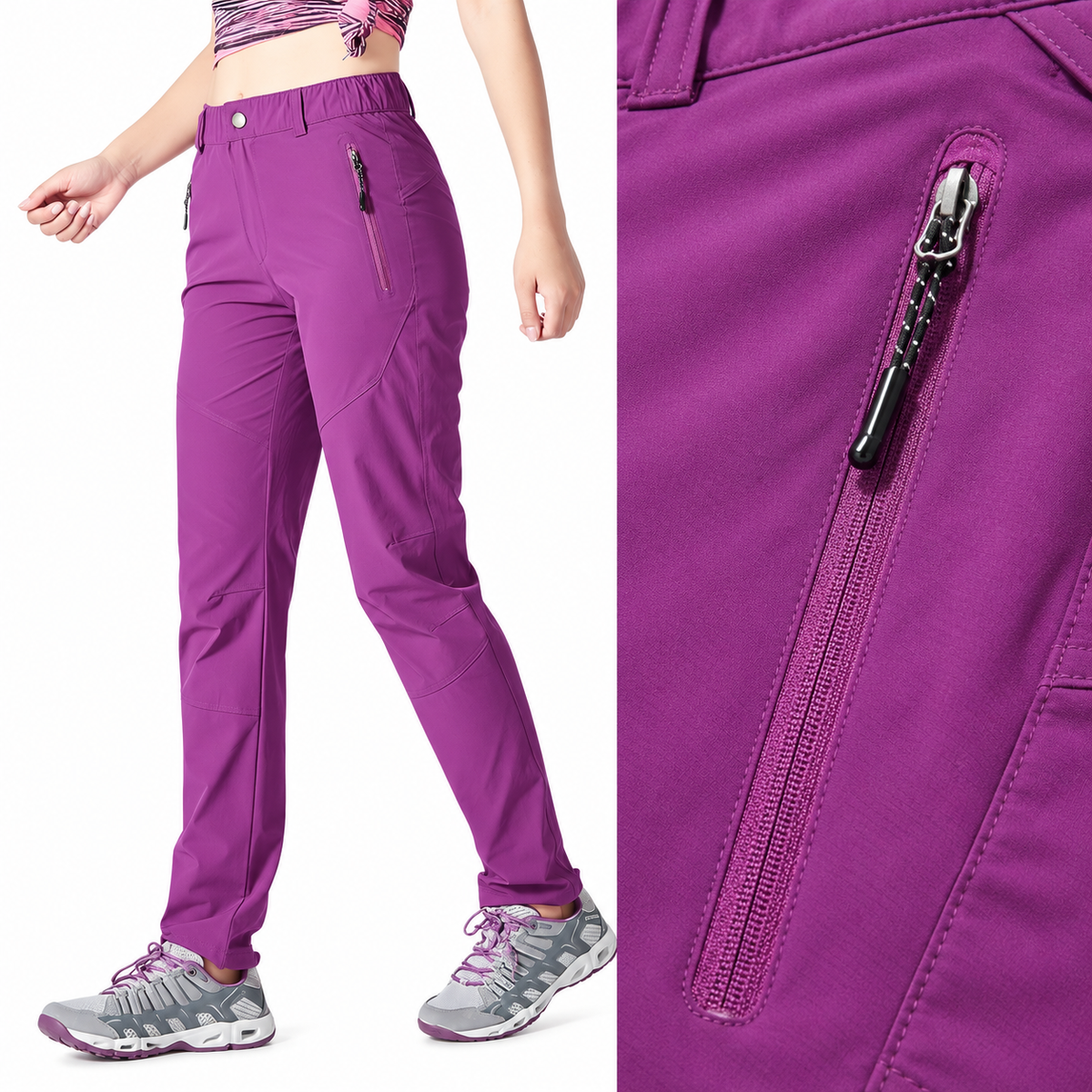 Poche latérale zippée du pantalon randonnée femme petite taille violet