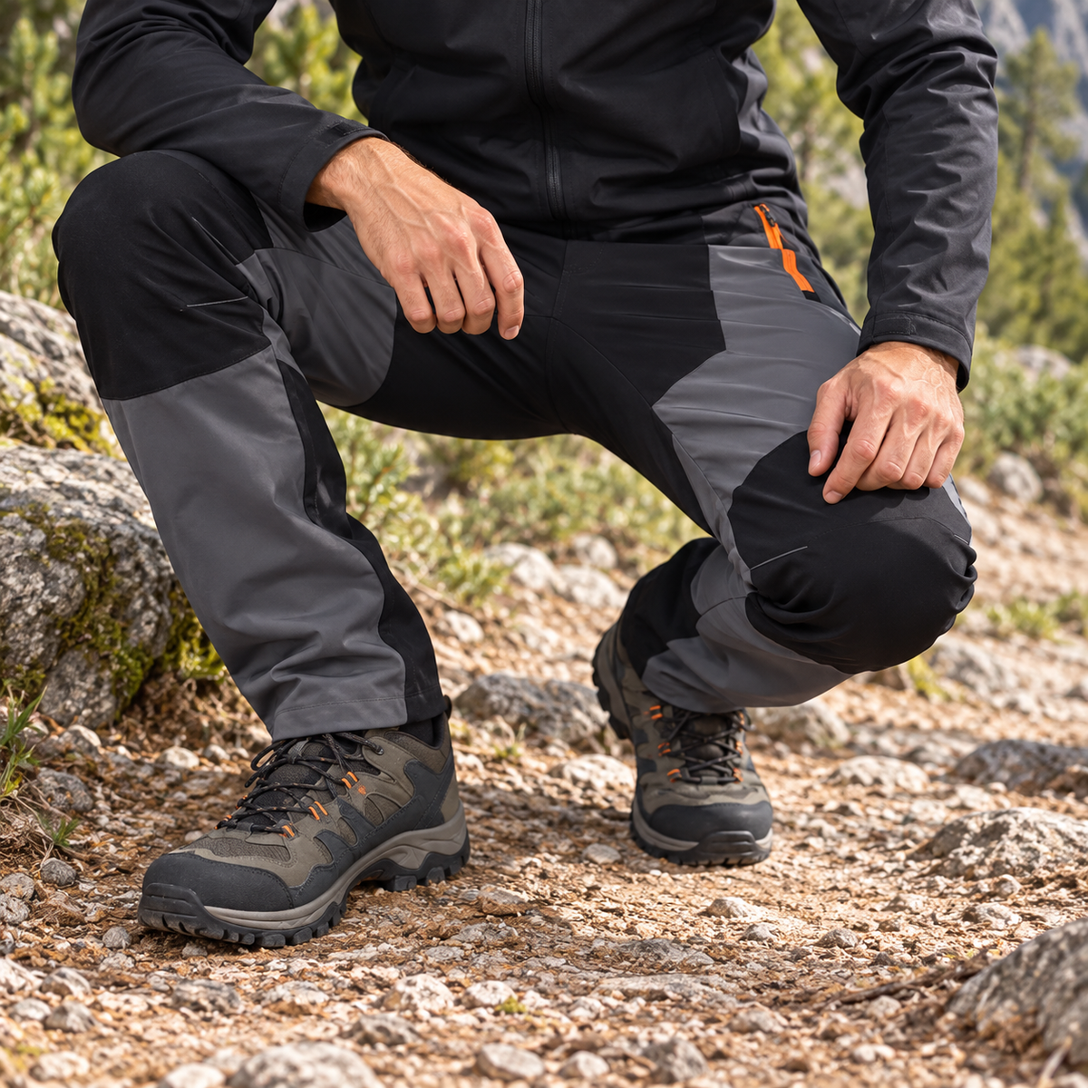 Pantalon randonnée stretch homme gris accroupi